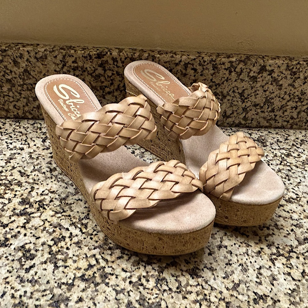 Nude braided wedges